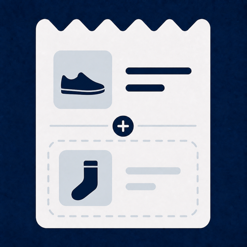 A receipt with one shoe as the main item and one sock offered below
